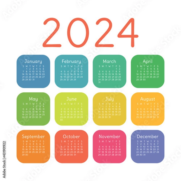 Fototapeta Calendar 2024 year. English colorful vector square pocket or wall calender template. Kids colors. Trendy design. Week starts on Sunday