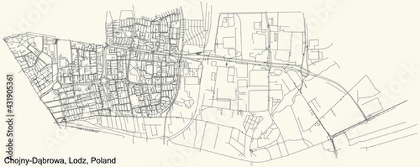 Fototapeta Black simple detailed street roads map on vintage beige background of the quarter Chojny-Dąbrowa district of Lodz, Poland