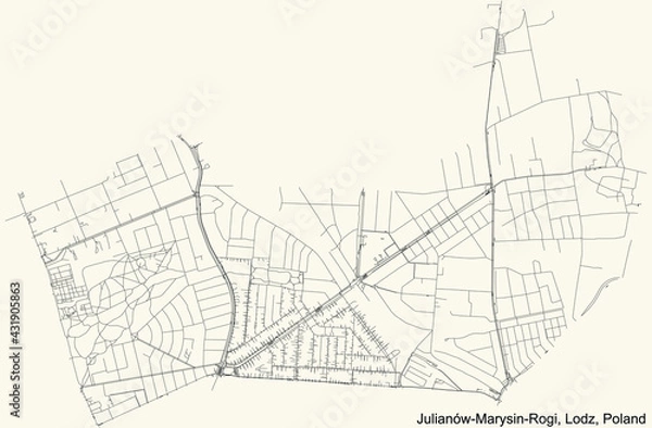 Fototapeta Black simple detailed street roads map on vintage beige background of the quarter Julianów-Marysin-Rogi district of Lodz, Poland