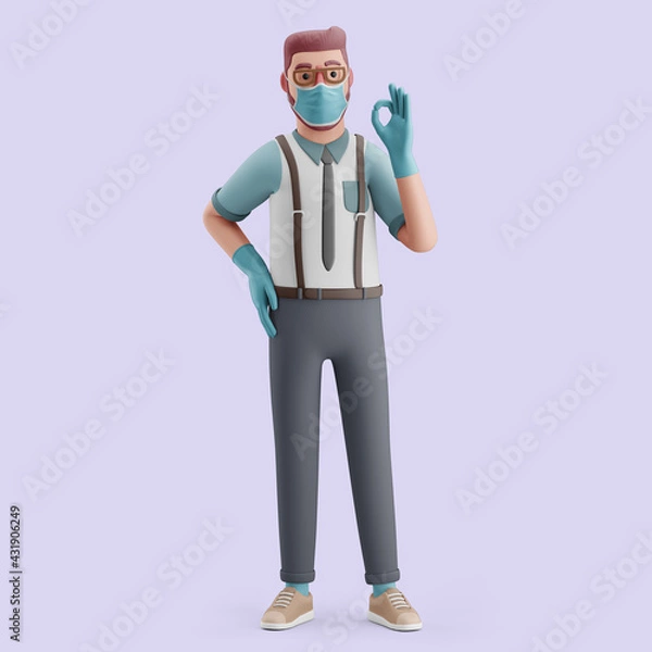 Fototapeta A young man with protection (mask and gloves) standing with an OK gesture. Mockup 3d character illustration