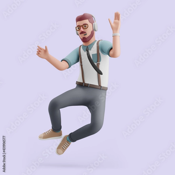 Fototapeta Young man jump cheerful with foot clap pose. Mockup 3d character illustration