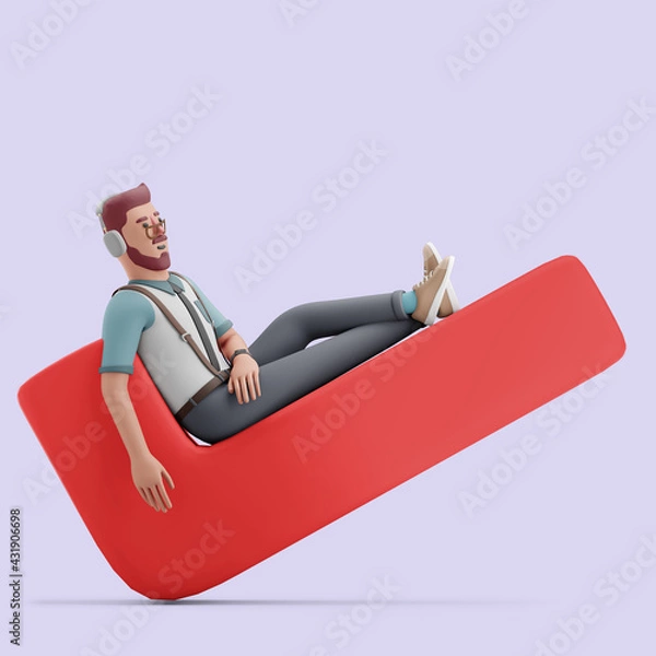 Fototapeta Young man relaxing on giant red checkbox after the job is done. Mockup 3d character illustration