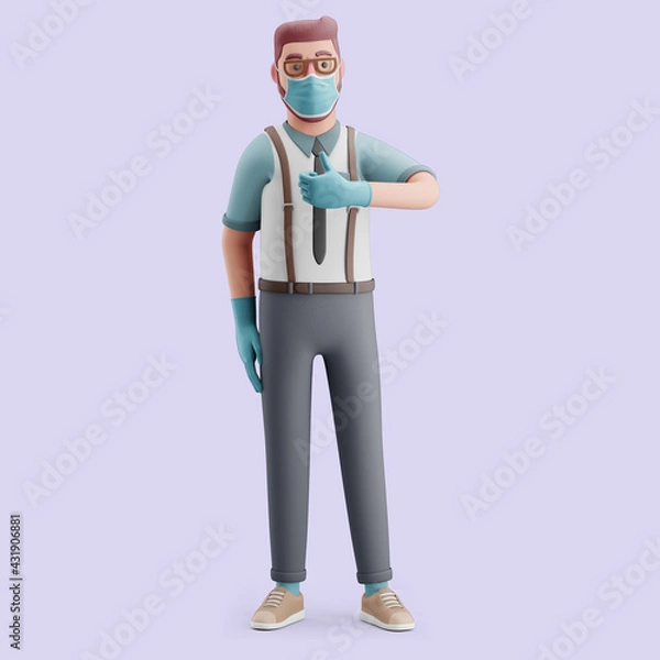 Fototapeta Young man in full protection (mask and gloves) with a thumbs up gesture. Mockup 3d character illustration