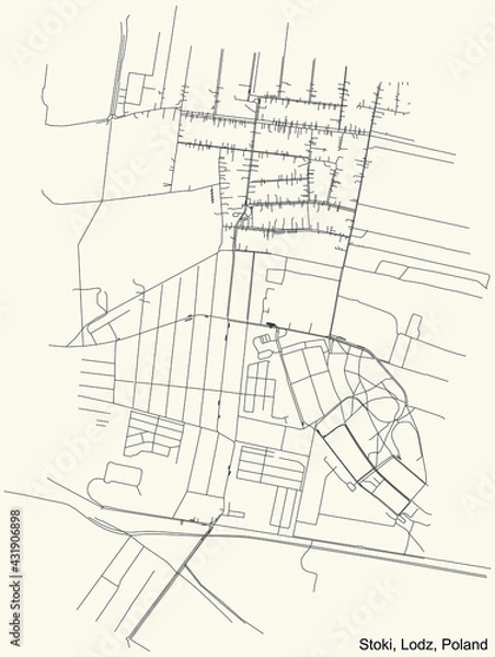 Fototapeta Black simple detailed street roads map on vintage beige background of the quarter Stoki district of Lodz, Poland