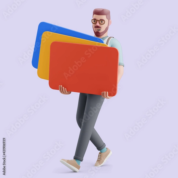 Fototapeta Young man walking with a lot of giant cards in his hands. Mockup 3d character illustration