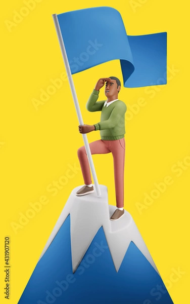 Fototapeta Cheerful young African man standing on the top of a mountain with a flag and with a searching gesture. Mockup 3d character illustration
