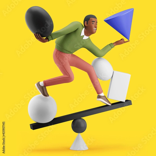 Fototapeta Cheerful young African man balancing with abstract shapes. Multitask concept. Mockup 3d character illustration