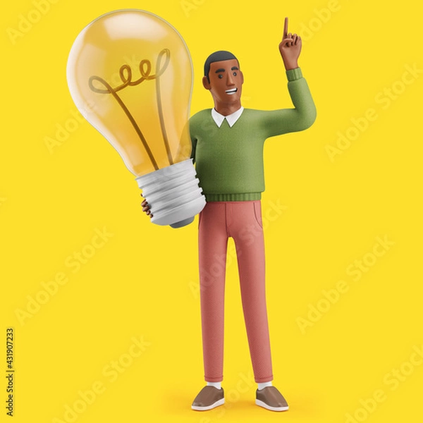 Fototapeta Cheerful young African man holding a giant lightbulb with an "IDEA" gesture. Mockup 3d character illustration