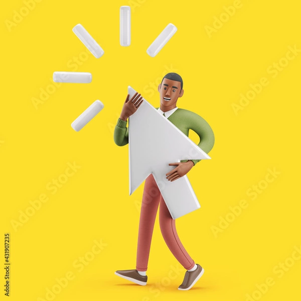 Fototapeta Cheerful young African man holding a giant web cursor. Mockup 3d character illustration
