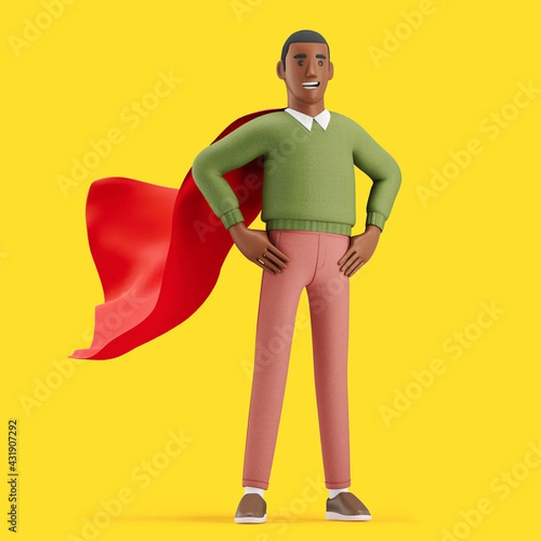 Fototapeta Cheerful young African man standing in a superhero pose with a red cape. Mockup 3d character illustration