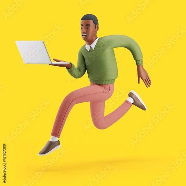 Fototapeta Cheerful young African man running with a laptop. Mockup 3d character illustration