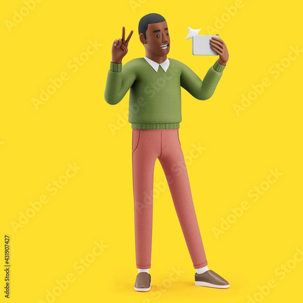 Fototapeta Cheerful young African man taking a selfie with smartphone. Mockup 3d character illustration