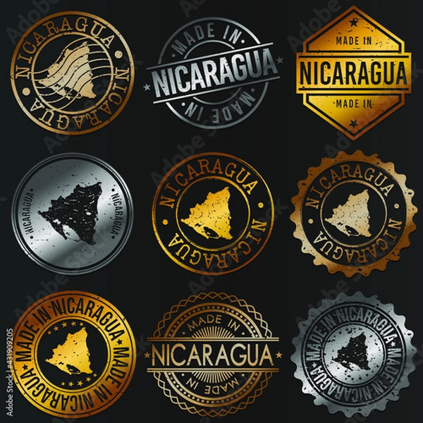 Fototapeta Nicaragua Business Metal Stamps. Gold Made In Product Seal. National Logo Icon. Symbol Design Insignia Country.
