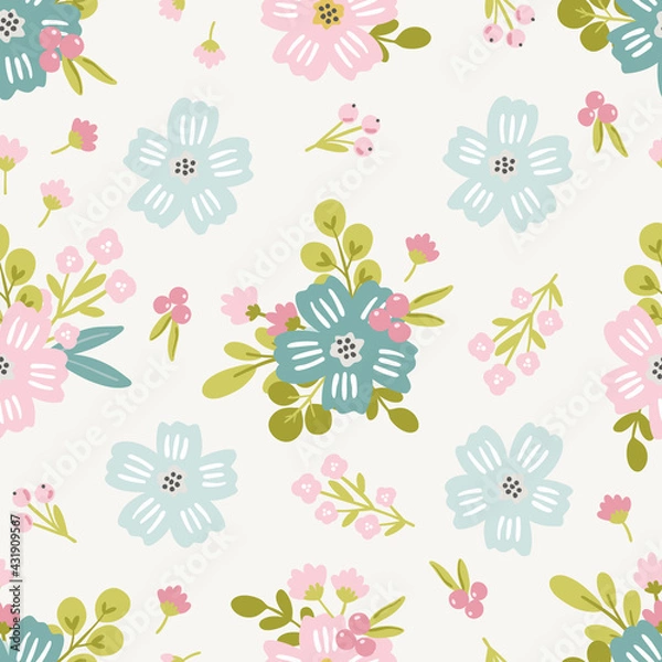 Fototapeta Seamless floral pattern design with sweet vector hand drawn flowers for kids and baby products, fabric, wallpaper, stationery. Meadow floral digital paper