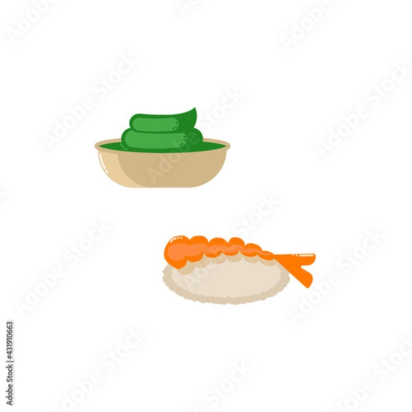 Fototapeta sushi set with shrimp and wasabi sauce. Signature Japanese cuisine. Rice ball with shrimp. Vector illustration isolated on white background. Icon for the menu of restaurants. EPS.