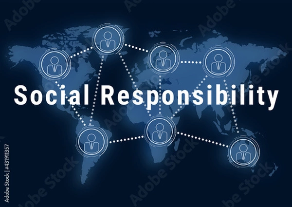 Fototapeta Social responsibility concept. World map and scheme of people connection, illustration