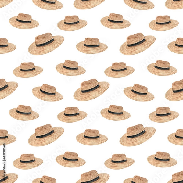 Fototapeta Watercolor summer pattern with straw hats on a white background. Fashion seamless pattern. 