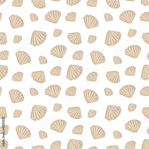 Fototapeta Watercolor hand-drawn seamless pattern with beige seashells on a white background. 