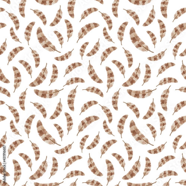Fototapeta Watercolor hand drawn pattern with brown feathers on a white background. Seamless pattern. 