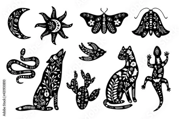 Fototapeta Set of black silhouettes with white floral elements. Moon, sun, animals, wolf, cat, lizard, cactus, moth, bird, snake.