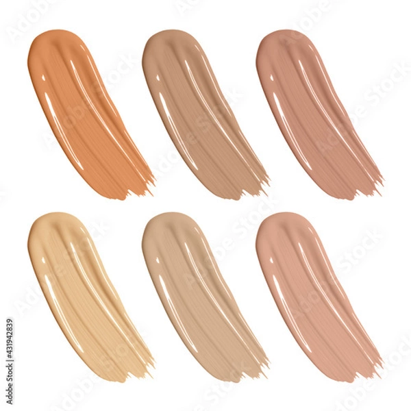 Obraz Liquid cosmetic foundation set, concealer smear smudge. Collection different tones bb cream swatch sample isolated on white
