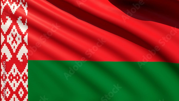 Fototapeta The flag of the Republic of Belarus waving in the wind against the background of the sky. Flag day. 3D rendering illustration.