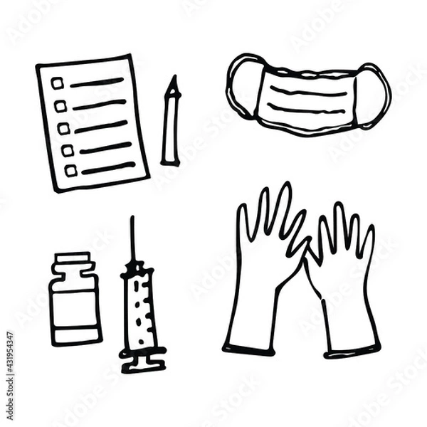 Obraz Doodle art of medical tools set. Graphic elements for hygiene concept.