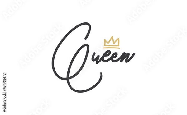 Fototapeta Queen word lettering with gold doodle crown. Vector illustration, calligraphic style text.