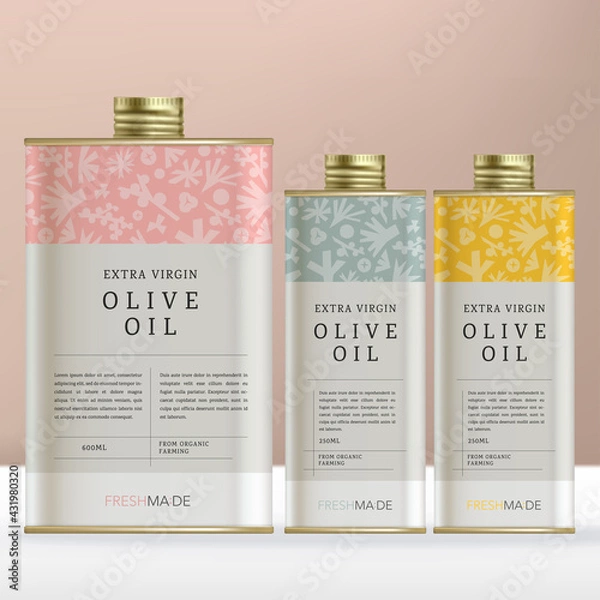 Obraz Vector Rectangular Tin Box or Bottle Packaging for Olive Oil Products with Minimal Floral Pattern.
