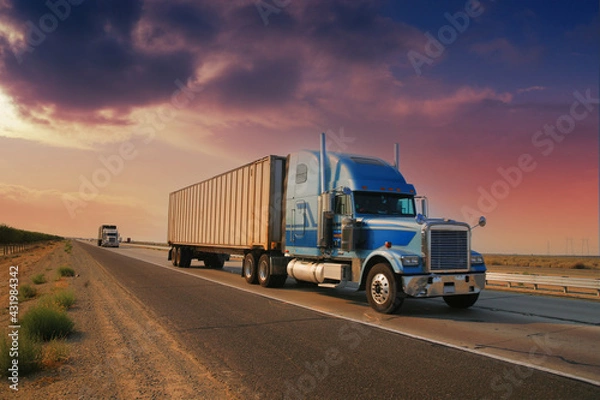 Fototapeta Freight truck driving on highway desert road at sunset. California, USA