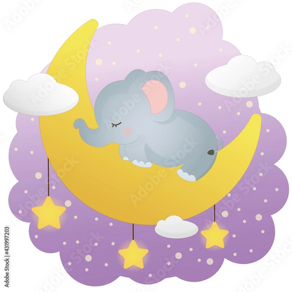 Fototapeta A little elephant sleeps on the moon. Against the background of the starry sky. Stars shine under the moon. Childrens illustration