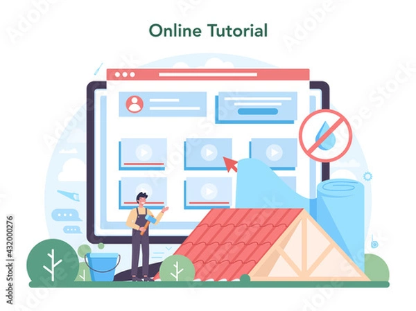 Fototapeta Roof construction worker online service or platform. Building fixing