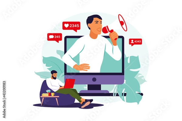 Fototapeta Blogger with loudspeakers announcing news, attracting target audience. Marketing, promotion, communication concept. Vector illustration. Flat.