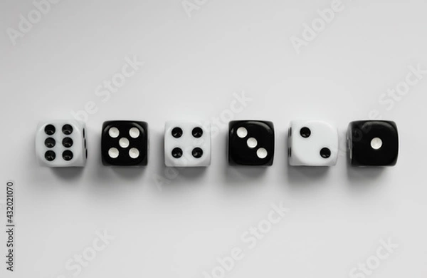 Fototapeta Black and white dice in various positions.