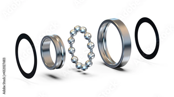 Obraz Radial ball bearing disassembled. Ball bearing assembly. 3D rendering.