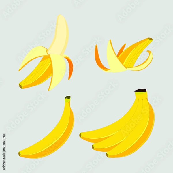 Fototapeta set contains: bananas in bunch, peeled and peel, in different styles.