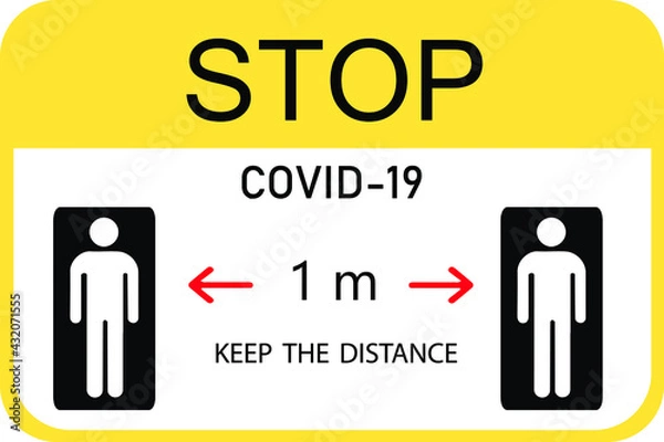 Fototapeta Warning sign sticker reminding the importance of keeping the 1 m distance between people to protect from Coronavirus or Covid-19, Vector illustration of feet step keep a safe social distancing.