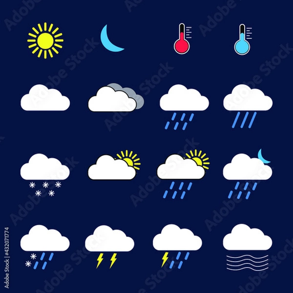 Fototapeta Weather Icons Forecast Set - Vector Illustration Flat Design Modern Simple.