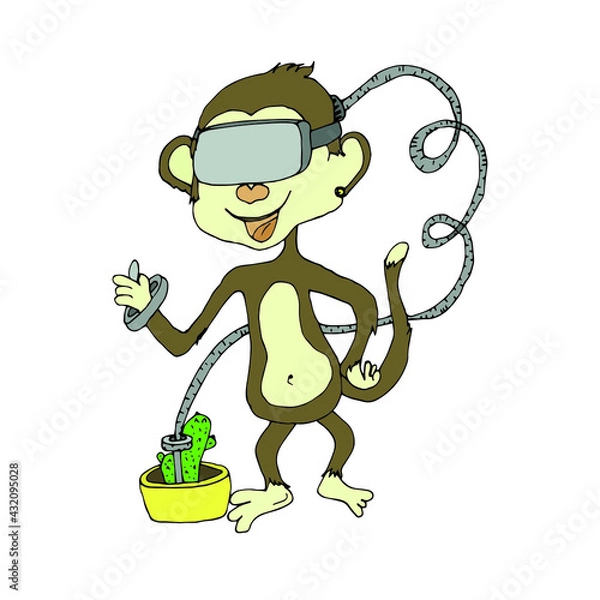 Obraz Monkey in a virtual reality helmet. The macaque plays computer games. The cable is plugged into the cactus. Bright funny illustration. VR glasses.