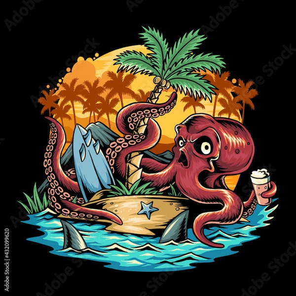 Fototapeta octopus bringing beer at a summer party under a coconut tree in the middle of the beach