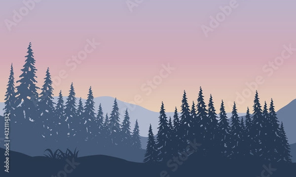 Obraz Beautiful Mountain View with the silhouette of pine trees around it in the morning. Vector illustration