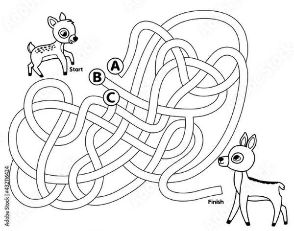 Obraz Help the fawn to reach her mother. Black and white maze game for children. Vector illustration. 
