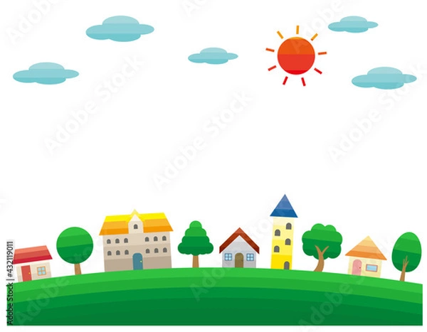 Fototapeta シンプルな街並みのベクターイラスト　枠　背景