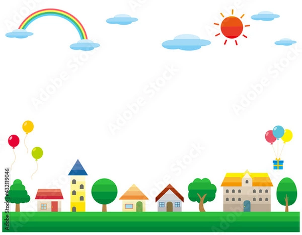 Fototapeta シンプルな街並みのベクターイラスト　枠　背景