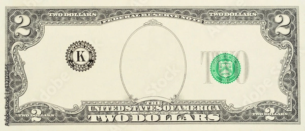 Fototapeta Blank sample of US two dollar banknote with empty middle area, front side. Blank obverse side two dollar bill for design purposes. Mock-up with an empty portrait frame.
