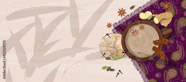 Fototapeta Traditional Indian tea masala on napkin with an Indian ethnic pattern and spices. Top view of cup of hot tea on light background with shadows from bamboo leaves. Vector illustration with copy space.