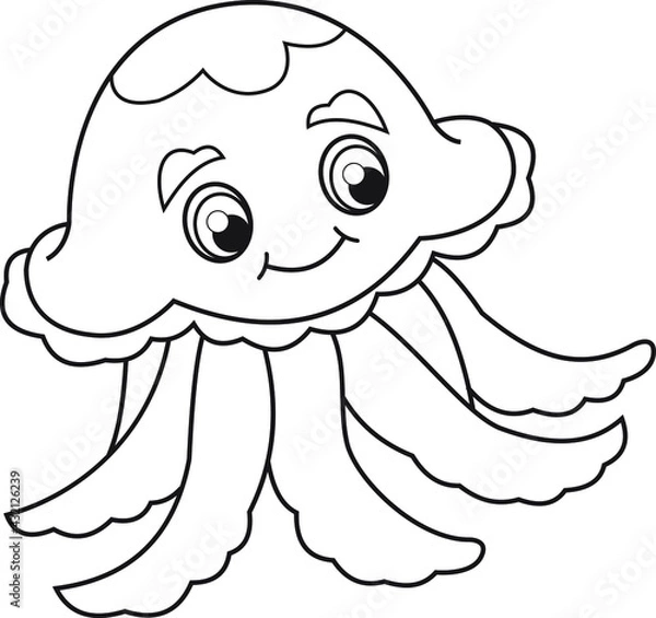 Obraz Black and White Cartoon Illustration of jellyfish. Coloring Book Page. Illustration for children. 