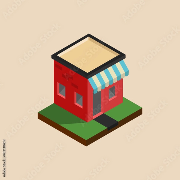 Fototapeta Design of a small shop or cafe in 3d isometric. Vector illustration of a retail outlet. Point of issue of goods. Isometric building, shop icon. 