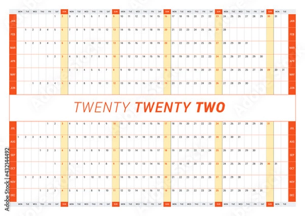 Fototapeta Calendar yearly planner template for 2022. Printable template. Week starts on Monday