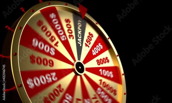 Fototapeta Wheel of fortune on black background for gambling and lottery winning concept. Wheel of fortune to play and win the jackpot. 3D rendering.